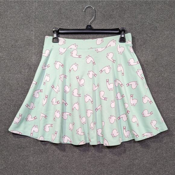 Hot Topic Llama Print Skirt Womens Small Mint Green Swing Pull On Stretch Pocket - Picture 1 of 12